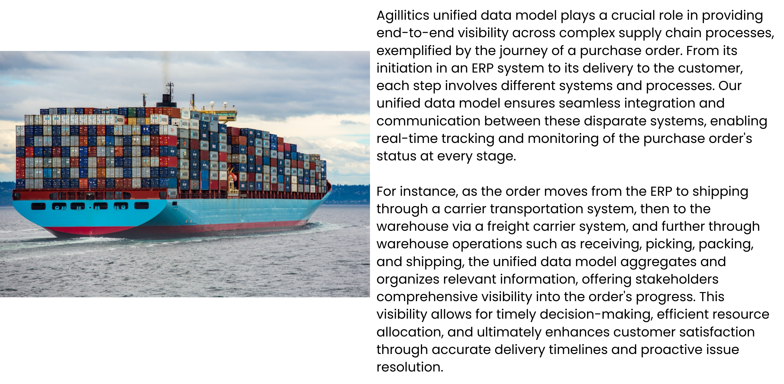 Agillitics unified data model plays a crucial role in providing end-to-end visibility across complex supply chain processes, exemplified by the journey of a purchase order. From its initiation in an ERP system to its delivery to the customer, each step involves different systems and processes. Our unified data model ensures seamless integration and communication between these disparate systems, enabling real-time tracking and monitoring of the purchase order's status at every stage. For instance, as the order moves from the ERP to shipping through a carrier transportation system, then to the warehouse via a freight carrier system, and further through warehouse operations such as receiving, picking, packing, and shipping, the unified data model aggregates and organizes relevant information, offering stakeholders comprehensive visibility into the order's progress. This visibility allows for timely decision-making, efficient resource allocation, and ultimately enhances customer satisfaction through accurate delivery timelines and proactive issue resolution.