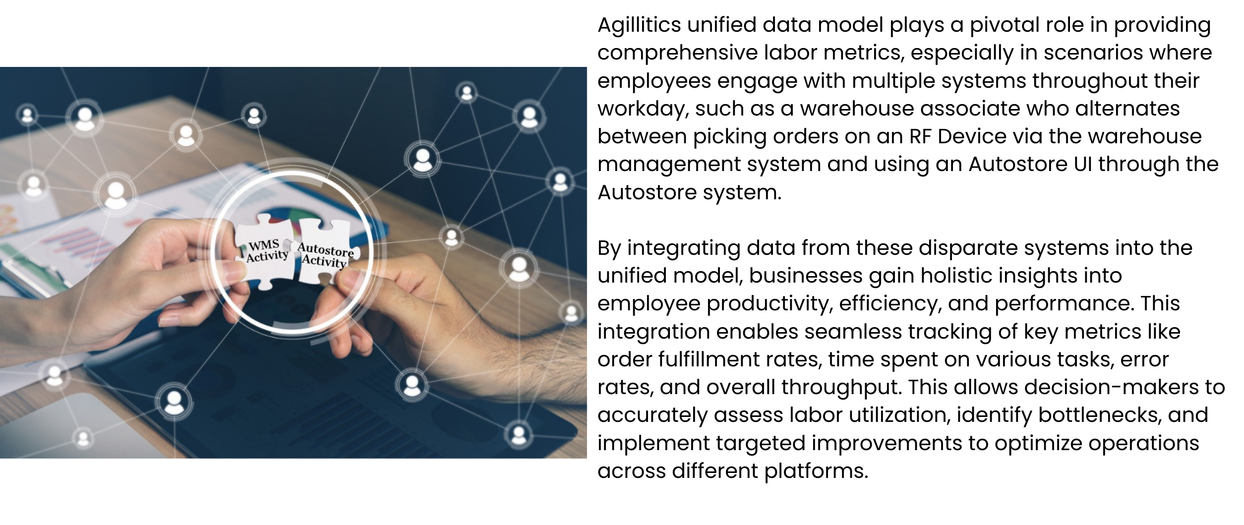 Agillitics unified data model plays a pivotal role in providing comprehensive labor metrics, especially in scenarios where employees engage with multiple systems throughout their workday, such as a warehouse associate who alternates between picking orders on an RF Device via the warehouse management system and using an Autostore UI through the Autostore system. By integrating data from these disparate systems into the unified model, businesses gain holistic insights into employee productivity, efficiency, and performance. This integration enables seamless tracking of key metrics like order fulfillment rates, time spent on various tasks, error rates, and overall throughput. This allows decision-makers to accurately assess labor utilization, identify bottlenecks, and implement targeted improvements to optimize operations across different platforms.